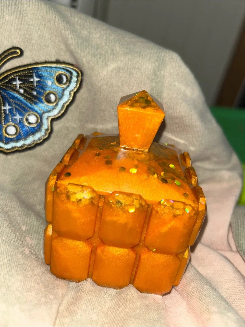Handmade Orange Geometric Jewelry Storage Box with Gold Shiny Confetti Glitter